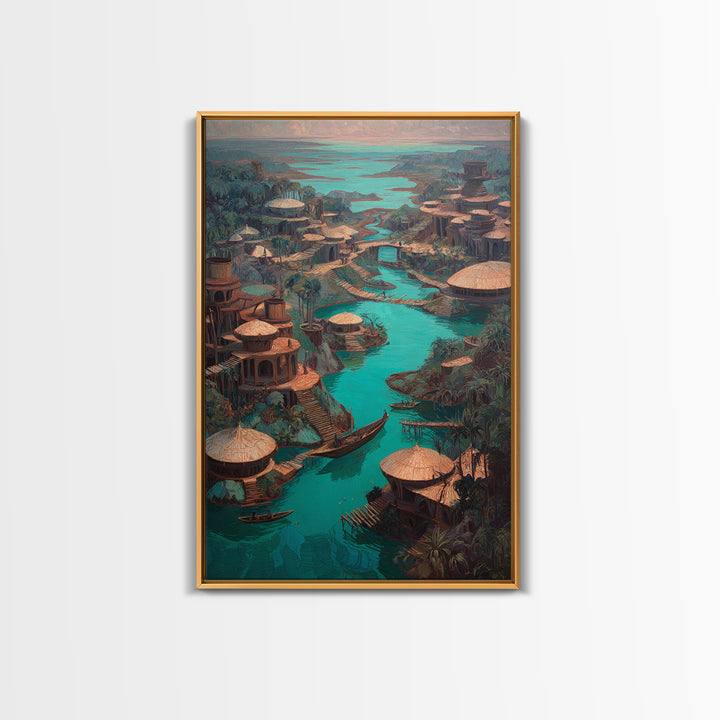 Turquoise River Village With Round Huts Wall Art, African Landscape Canvas Print, Jungle African Decor, Unique Living Room Art