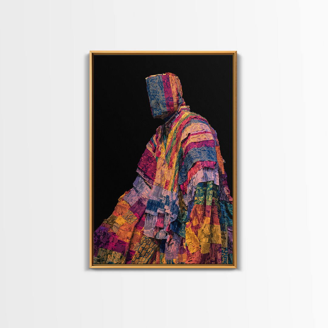 Masked African Textile Seated Figure Framed Canvas Print, Afrocentric Portrait, Vibrant Tribal Art, Cultural Wall Decor Gift