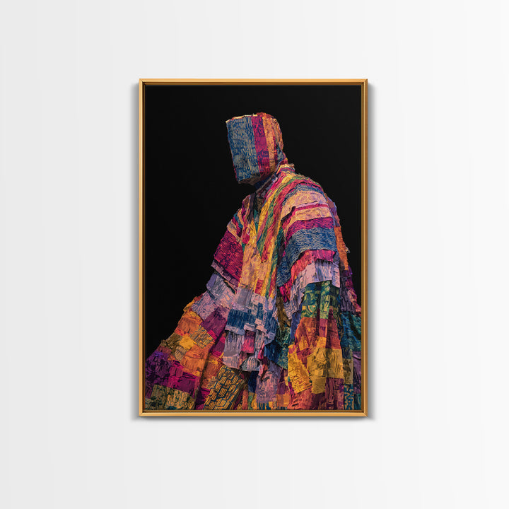 Masked African Textile Seated Figure Framed Canvas Print, Afrocentric Portrait, Vibrant Tribal Art, Cultural Wall Decor Gift