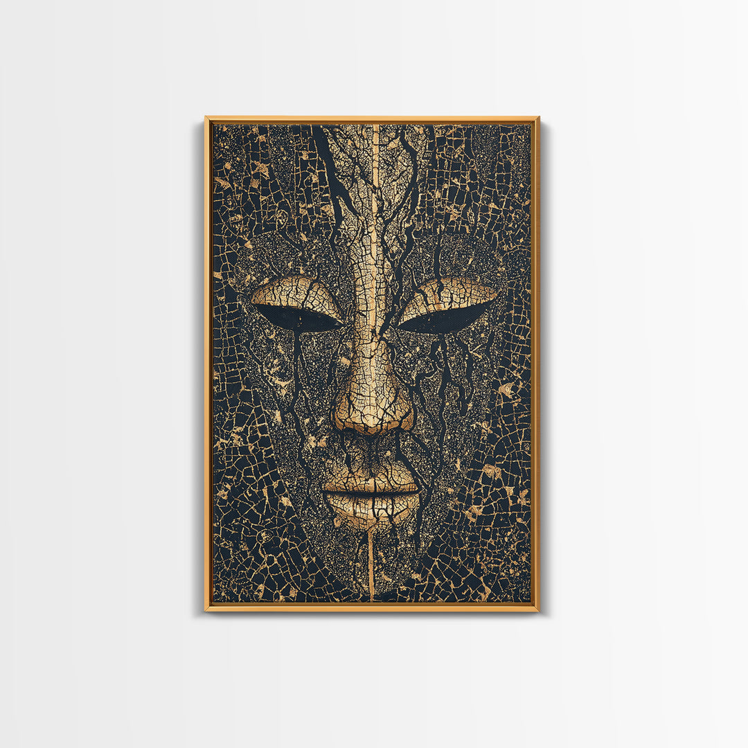 Cracked Gold African Mask Face Canvas Print, Abstract Tribal Portrait, Black And Gold Art, Afrocentric Wall Decor For Home