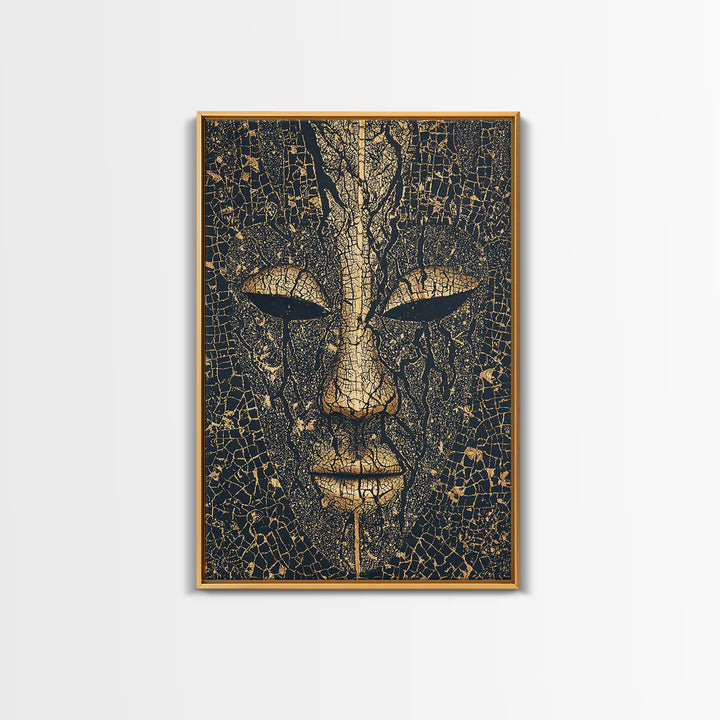 Cracked Gold African Mask Face Canvas Print, Abstract Tribal Portrait, Black And Gold Art, Afrocentric Wall Decor For Home