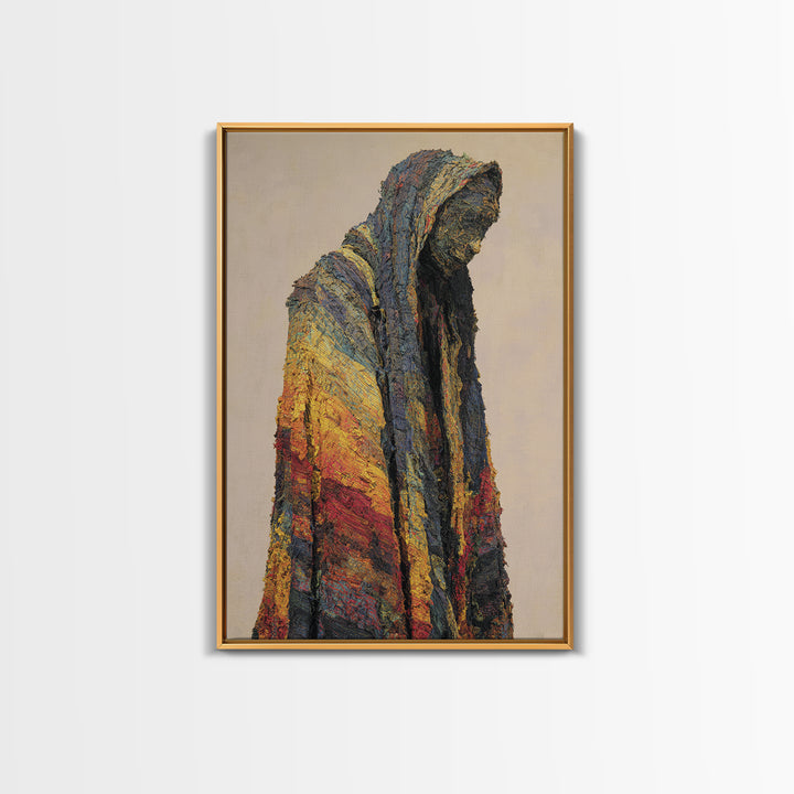 Hooded African Wanderer Wall Art, Textured Robe Portrait, Abstract Afrocentric Figure, Earth Tone Cultural Decor Canvas Print