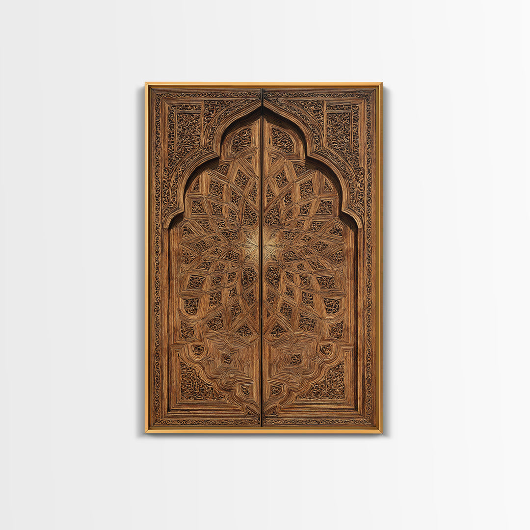Geometric Moroccan Carved Wood Door Framed Canvas Print, African Wall Decor, Tribal Art Decor, Elegant Home Decor, Statement Piece