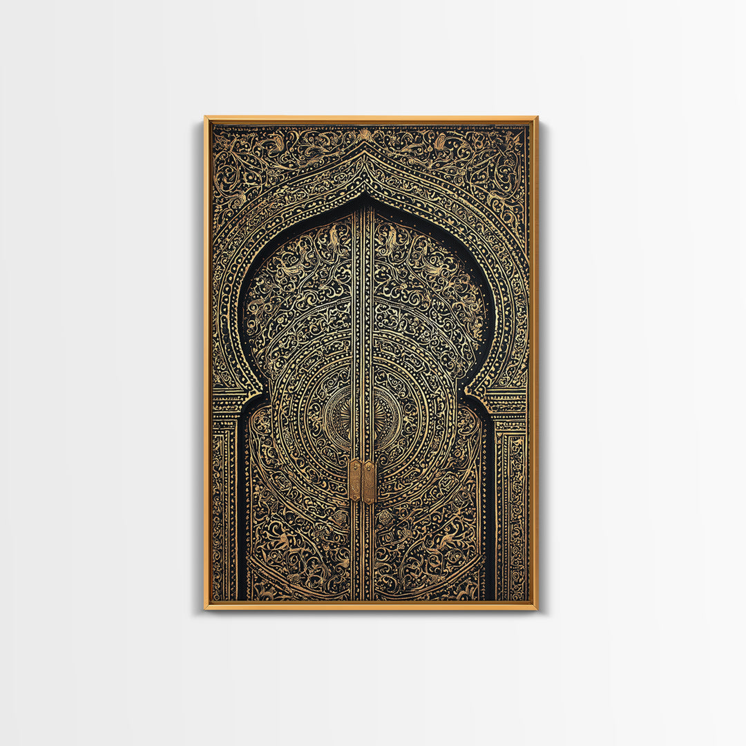 Black Gold Moroccan Mandala Door Framed Canvas Print, African Wall Decor, Luxury Canvas Art, Spiritual Home Decor, Statement Piece