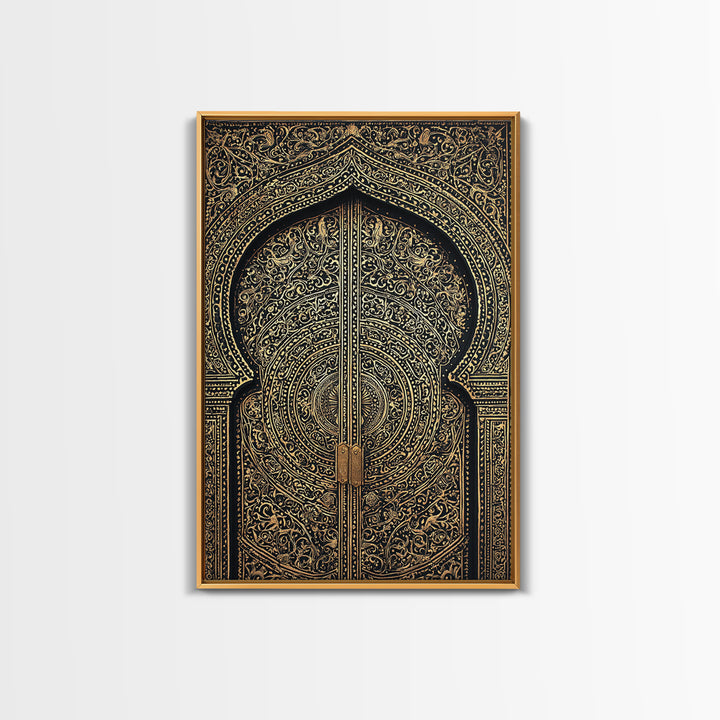 Black Gold Moroccan Mandala Door Framed Canvas Print, African Wall Decor, Luxury Canvas Art, Spiritual Home Decor, Statement Piece
