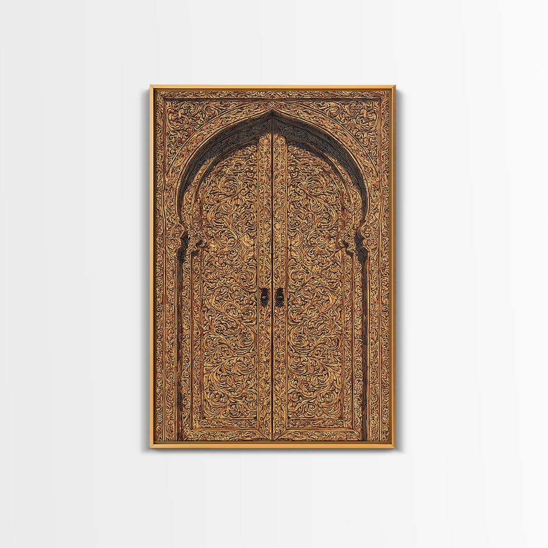 Golden Floral African Carved Door Canvas Print, African Art Decor, Elegant Home Decor, Bohemian Wall Decor, Wood Patterns