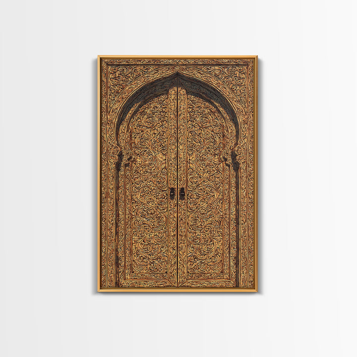 Golden Floral African Carved Door Canvas Print, African Art Decor, Elegant Home Decor, Bohemian Wall Decor, Wood Patterns