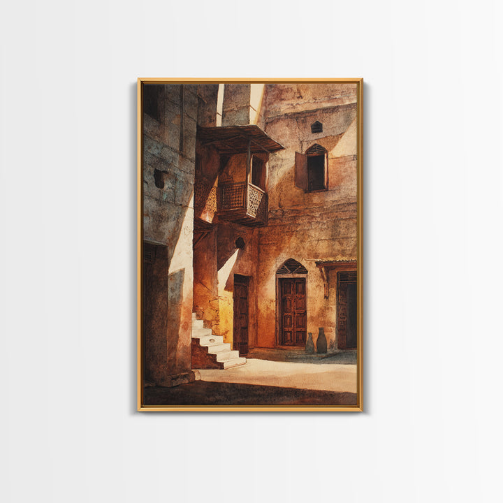 Sunlit African Stone Alley Framed Canvas Print, Moroccan Travel, African Architecture, Cultural Wall Decor, Rustic Home Decor