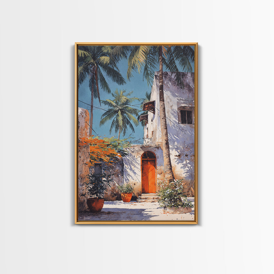White Coastal African Courtyard Wall Art, Palm Tree Accent, Morocco Africa, Travel Poster, Bohemian Decor Art, Unique Wall Decor