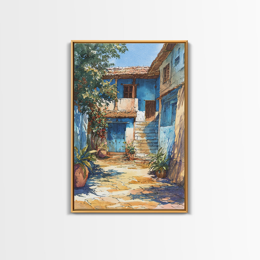 Blue African Village Courtyard Wall Art, Rustic Architecture, Africa Wall Decor, Travel Poster, Boho Home Decor, Unique Canvas