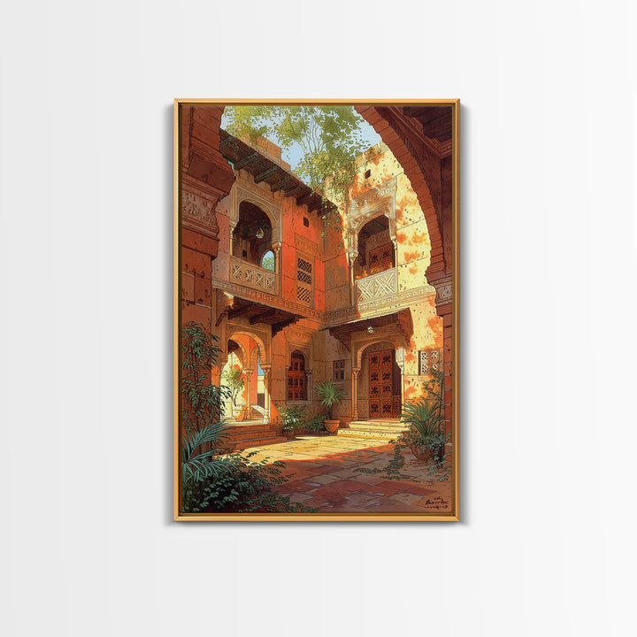 Sunlit Moroccan Courtyard With Arches Wall Art, African Inspired Home Decor, Terracotta Travel Poster, Boho Living Room Print