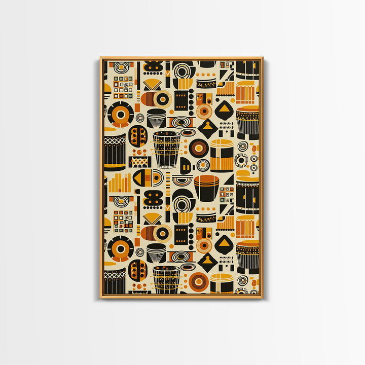 Bold African Drum Pattern Canvas Print, Tribal Textile Art, Orange Black Home Decor, Afrocentric Wall Decor Gift For Music Room