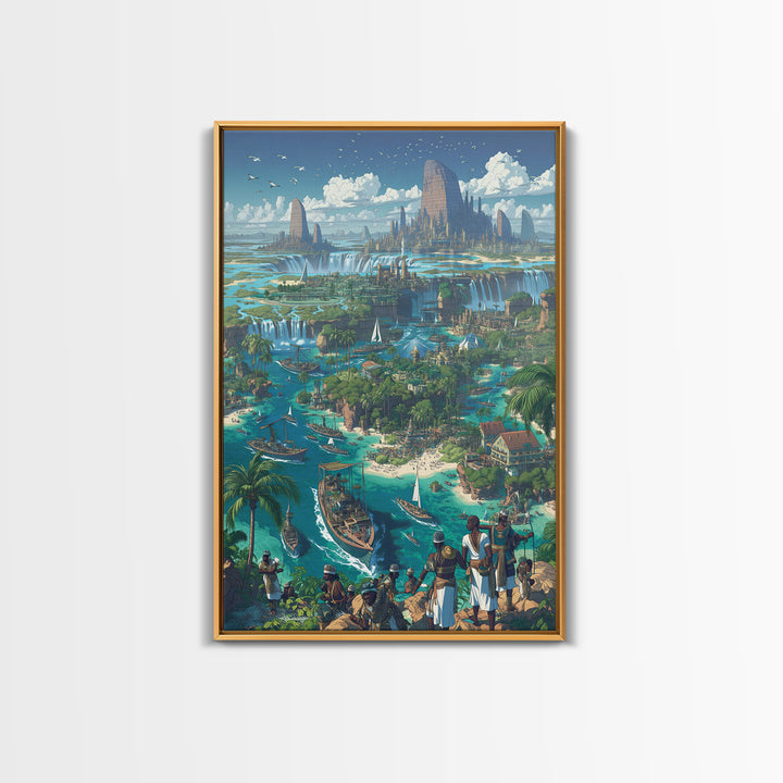 Afrofuturist Coastal Kingdom Wall Art, African Landscape Fantasy City, Blue Travel Poster, Modern Canvas Decor For Living Room