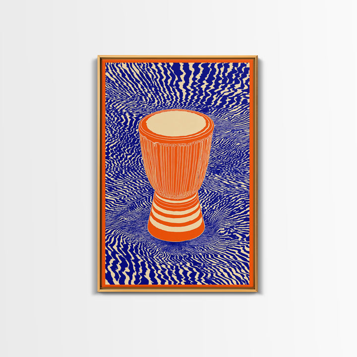 Orange Djembe Drum With Blue Waves Canvas Print, African Music Wall Art, Vibrant Tribal Decor, Bold Afrocentric Gift Print
