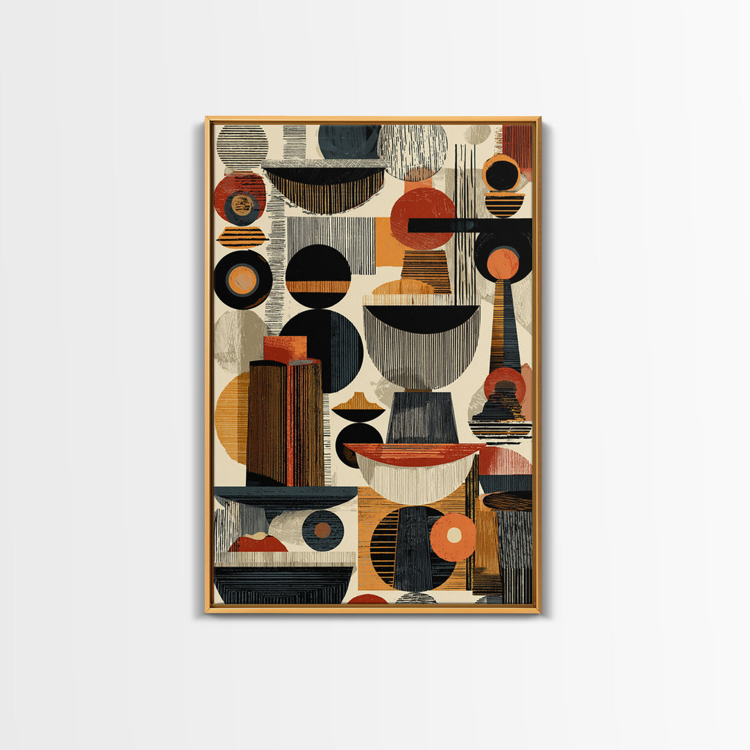 Midcentury African Abstract Shapes Wall Art, Terracotta Black Geometric Canvas Decor, Modern Tribal Home Decor Gift For Office