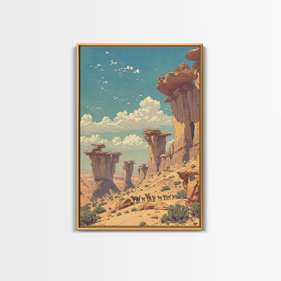 Desert Caravan Rock Pillars Wall Art, African Landscape Travel Poster, Sahara Nature Scene, Warm Boho Home Decor Gift Print