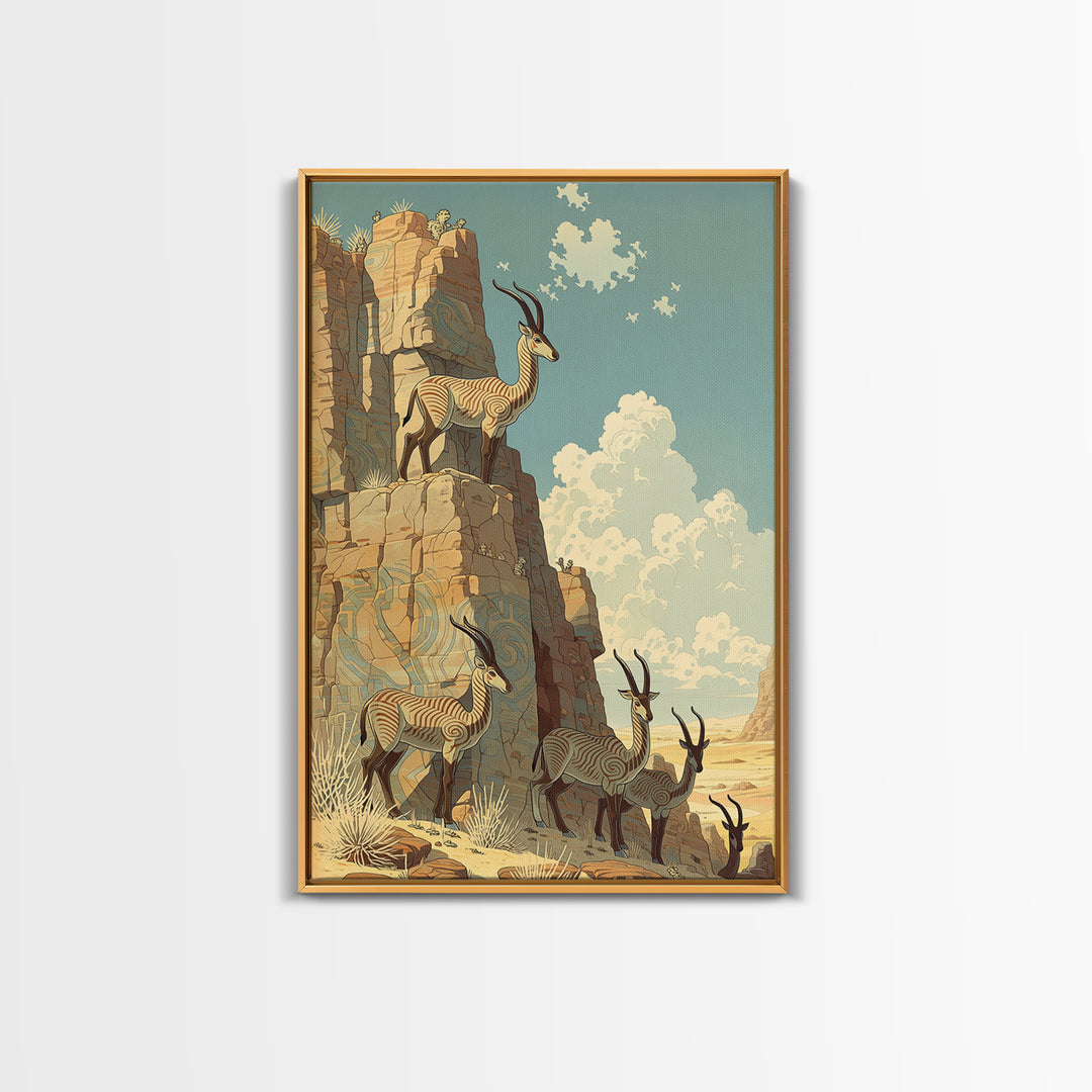 Desert Oryx On Sunlit Canyon Cliffs Canvas Print, African Safari Art, African Animal Art, Boho Wall Decor, Living Room Decor