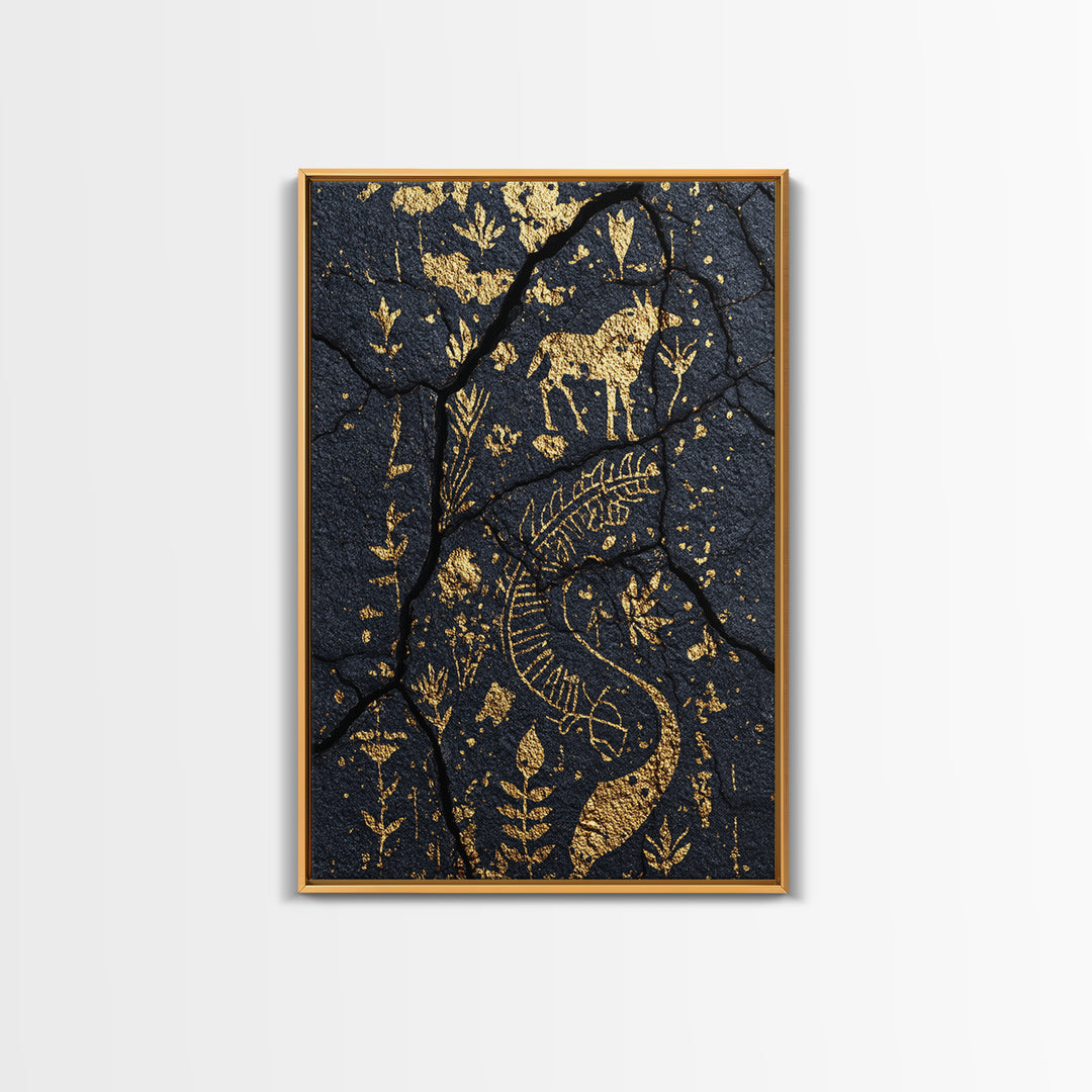 Gold Petroglyph Animals On Cracked Stone Framed Canvas Print, African Tribal Art, African Wall Art, Ethnic Wall Decor, Home Decor