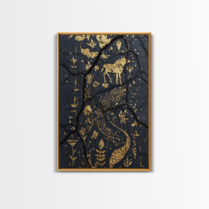 Gold Petroglyph Animals On Cracked Stone Framed Canvas Print, African Tribal Art, African Wall Art, Ethnic Wall Decor, Home Decor