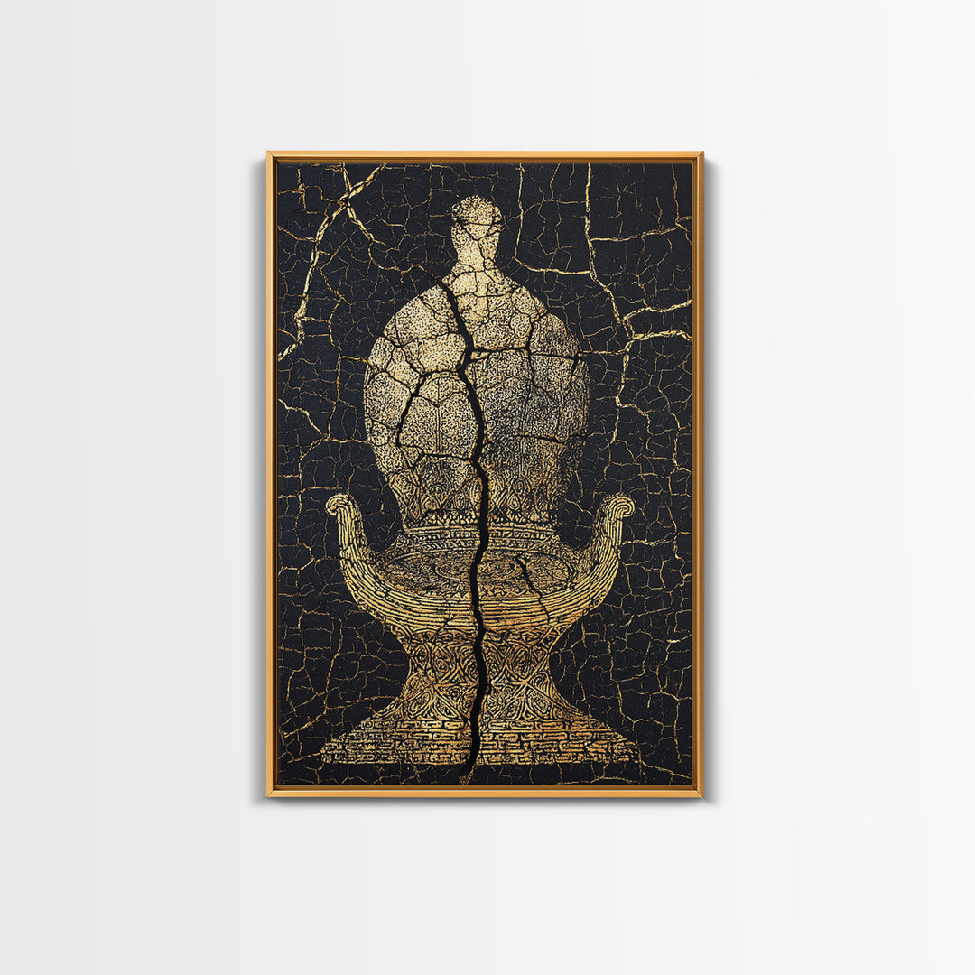 Gold Ancient Figure On Black Cracked Stone Framed Canvas Print, African Sculpture, African Art Decor, Tribal Art Print, Black Art
