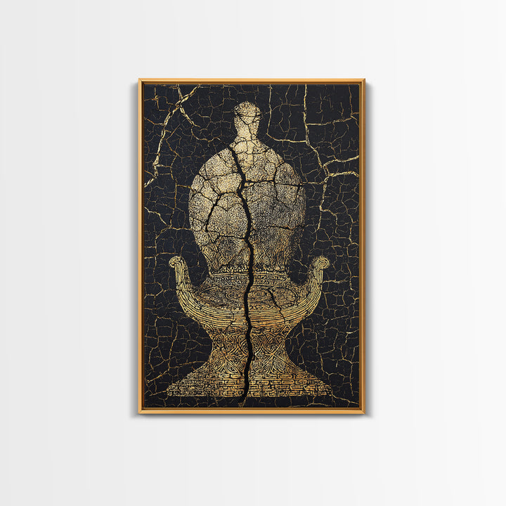 Gold Ancient Figure On Black Cracked Stone Framed Canvas Print, African Sculpture, African Art Decor, Tribal Art Print, Black Art