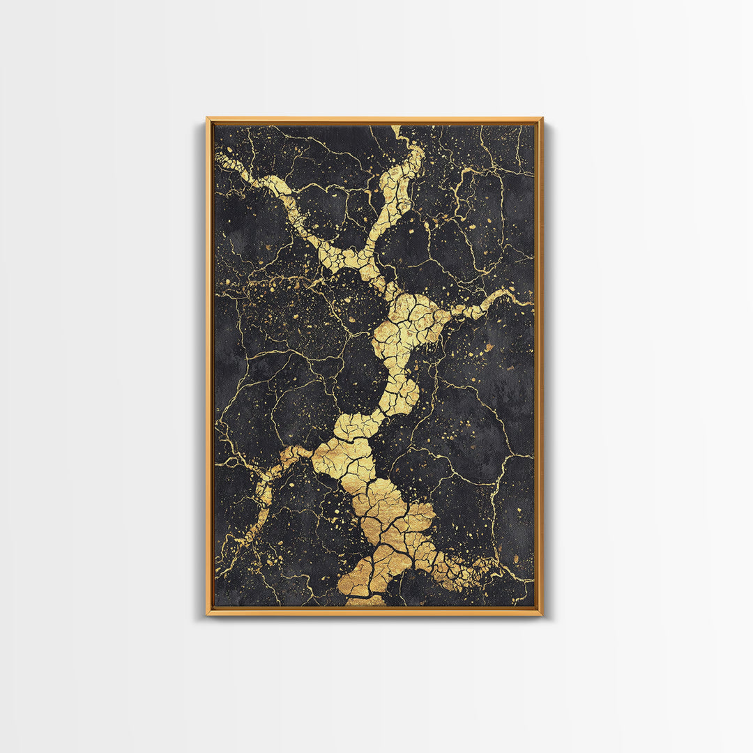 Black Gold Cracked Abstract Wall Art, Marble Texture Canvas Print, Luxury Modern Art, Earth Tone Home Decor Artwork Gift