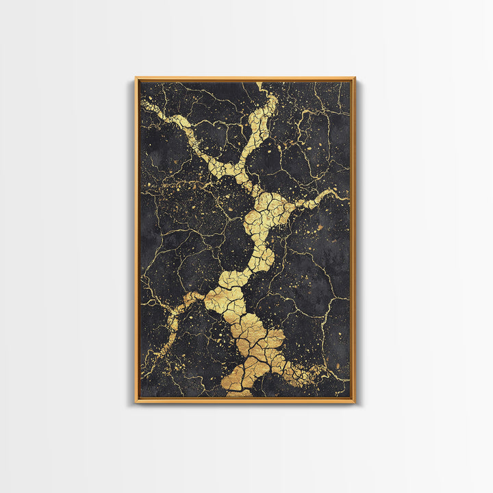 Black Gold Cracked Abstract Wall Art, Marble Texture Canvas Print, Luxury Modern Art, Earth Tone Home Decor Artwork Gift
