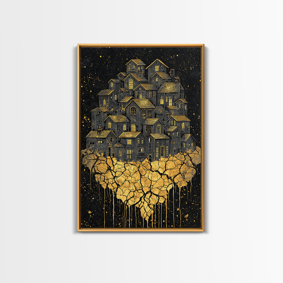 Golden Village On Africa Wall Art, Black Night Houses Canvas Print, Afrocentric Landscape Decor, Unique Motherland Artwork