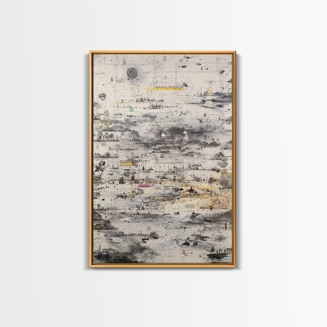Abstract Monochrome City Grid With Tiny Figures Wall Art, Modern African Inspired Urban Map, Neutral Gallery Home Decor Print