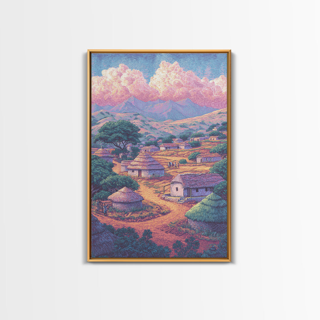 Colorful African Village Huts Beneath Pink Clouds Canvas Print, Mountain Landscape, Cultural Home Decor, Motherland Wall Art