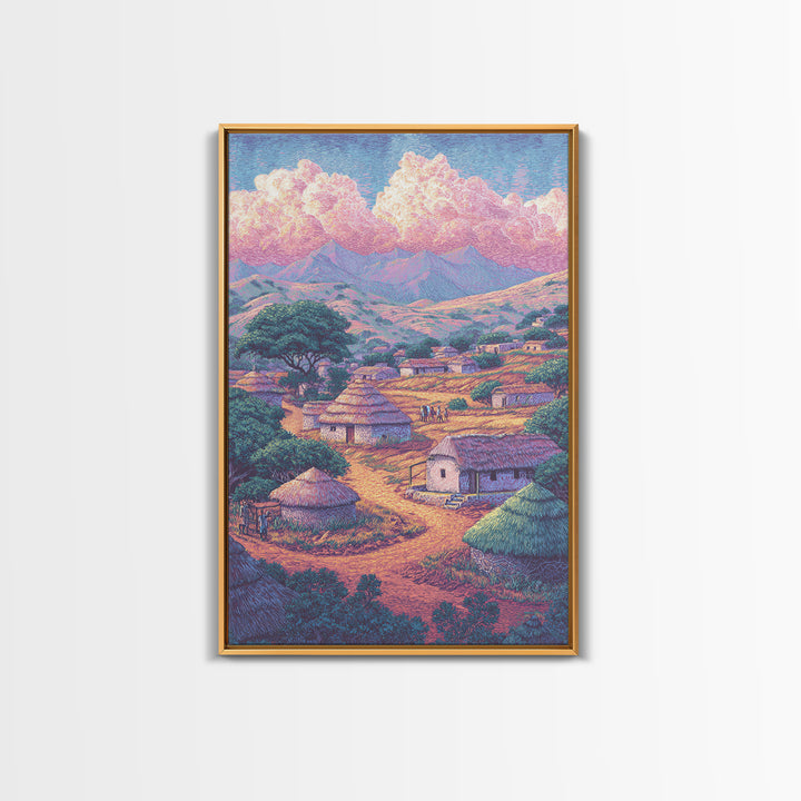Colorful African Village Huts Beneath Pink Clouds Canvas Print, Mountain Landscape, Cultural Home Decor, Motherland Wall Art