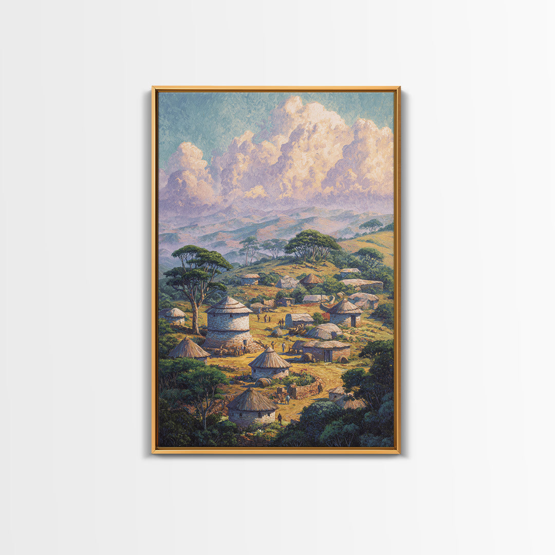 Serene African Village With Huts And Acacia Trees Wall Art, Safari Landscape Canvas Print, Cultural Home Decor Gift For Living Room