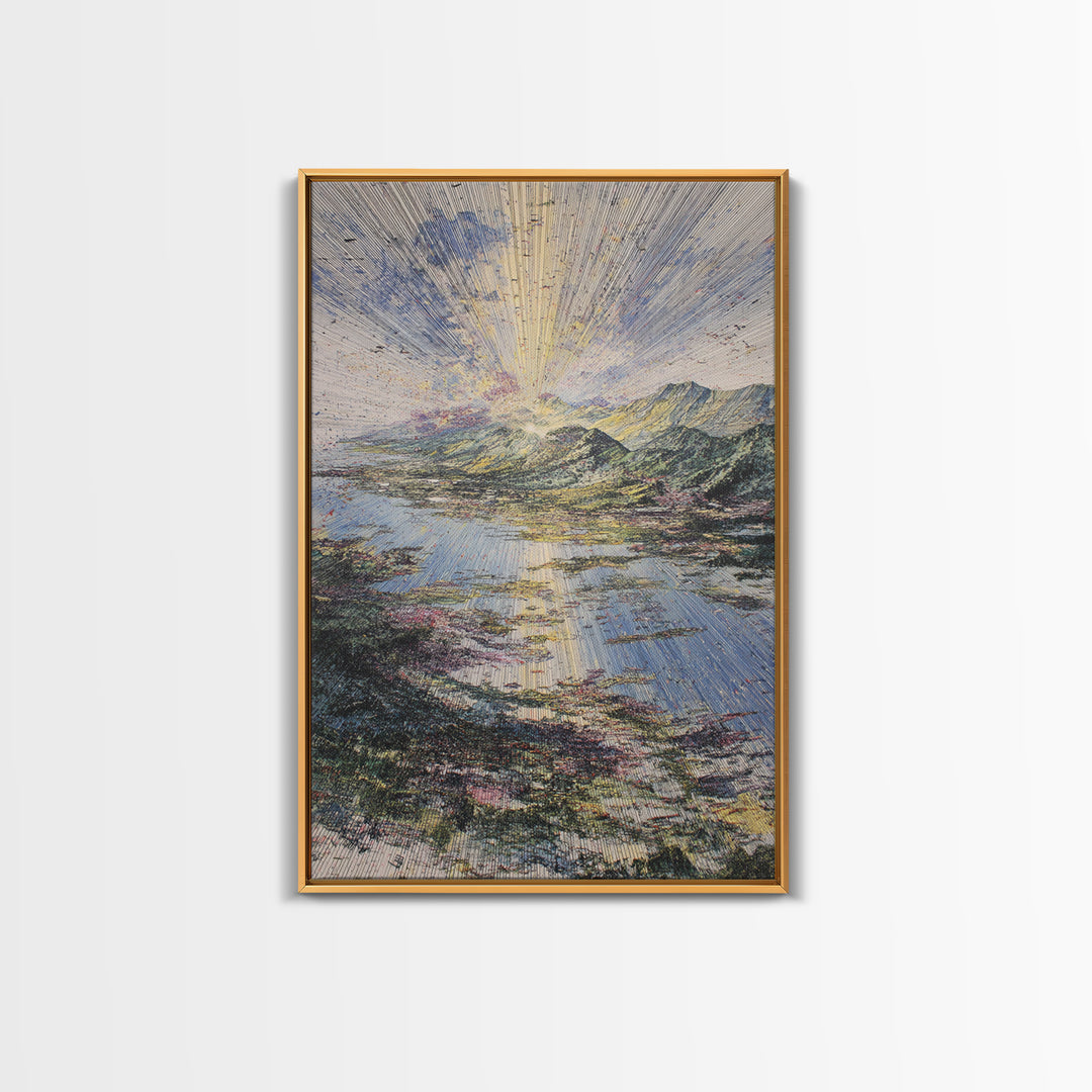 Radiant Sunrise Over African Lake And Mountains Framed Canvas Print, Abstract Landscape Wall Art, Dreamy Nature Home Decor
