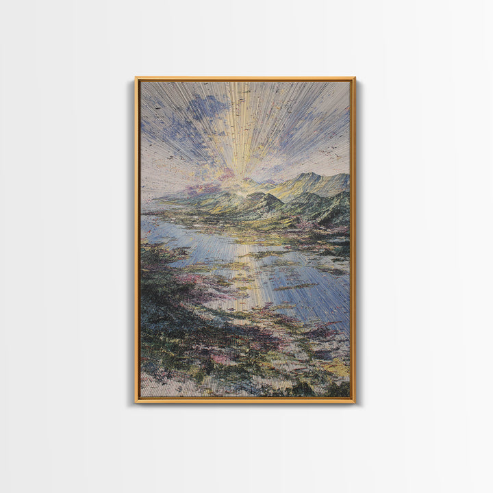 Radiant Sunrise Over African Lake And Mountains Framed Canvas Print, Abstract Landscape Wall Art, Dreamy Nature Home Decor