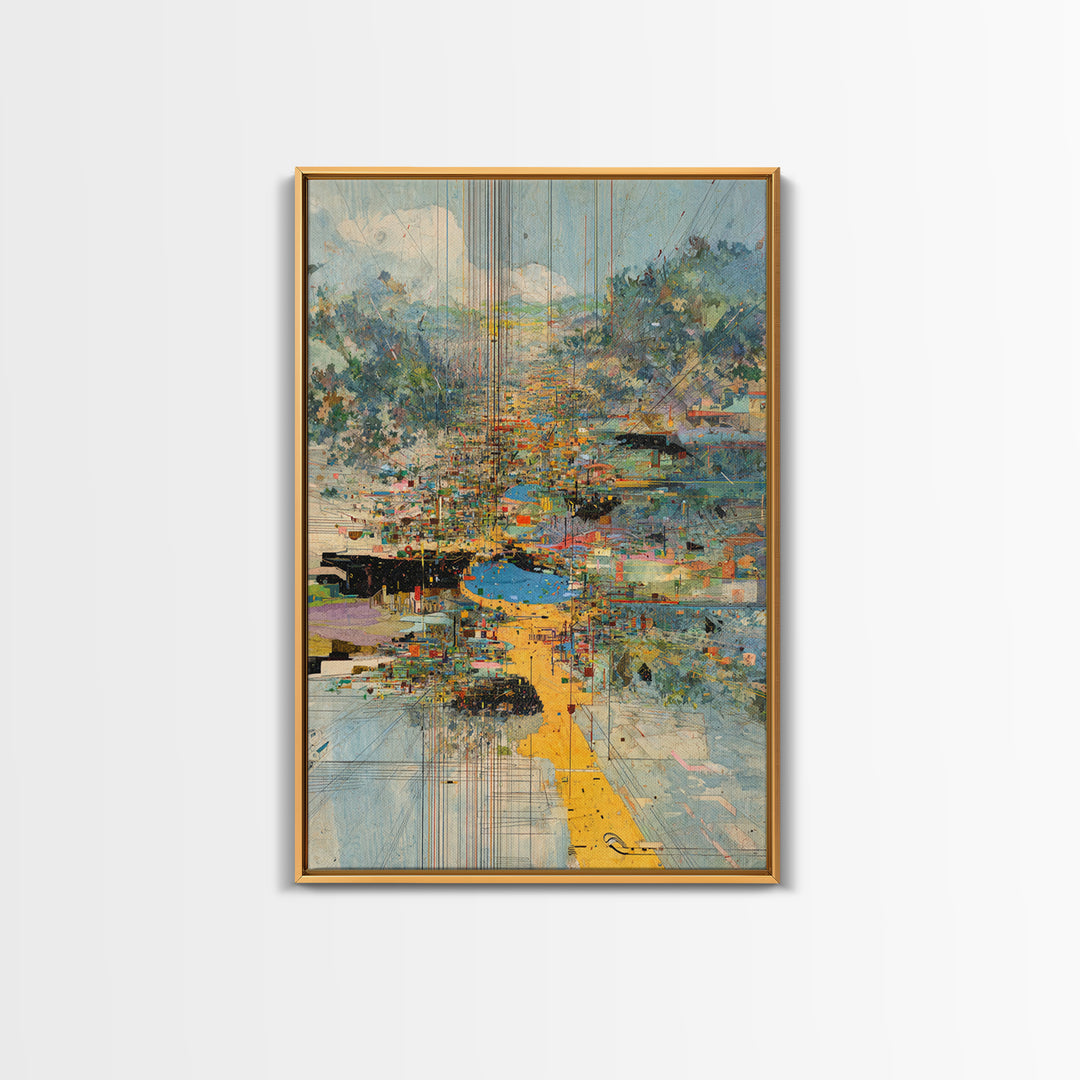 Abstract Riverside City With Golden Path Wall Art, Modern African Inspired Landscape Canvas Print, Colorful Home Decor Gift