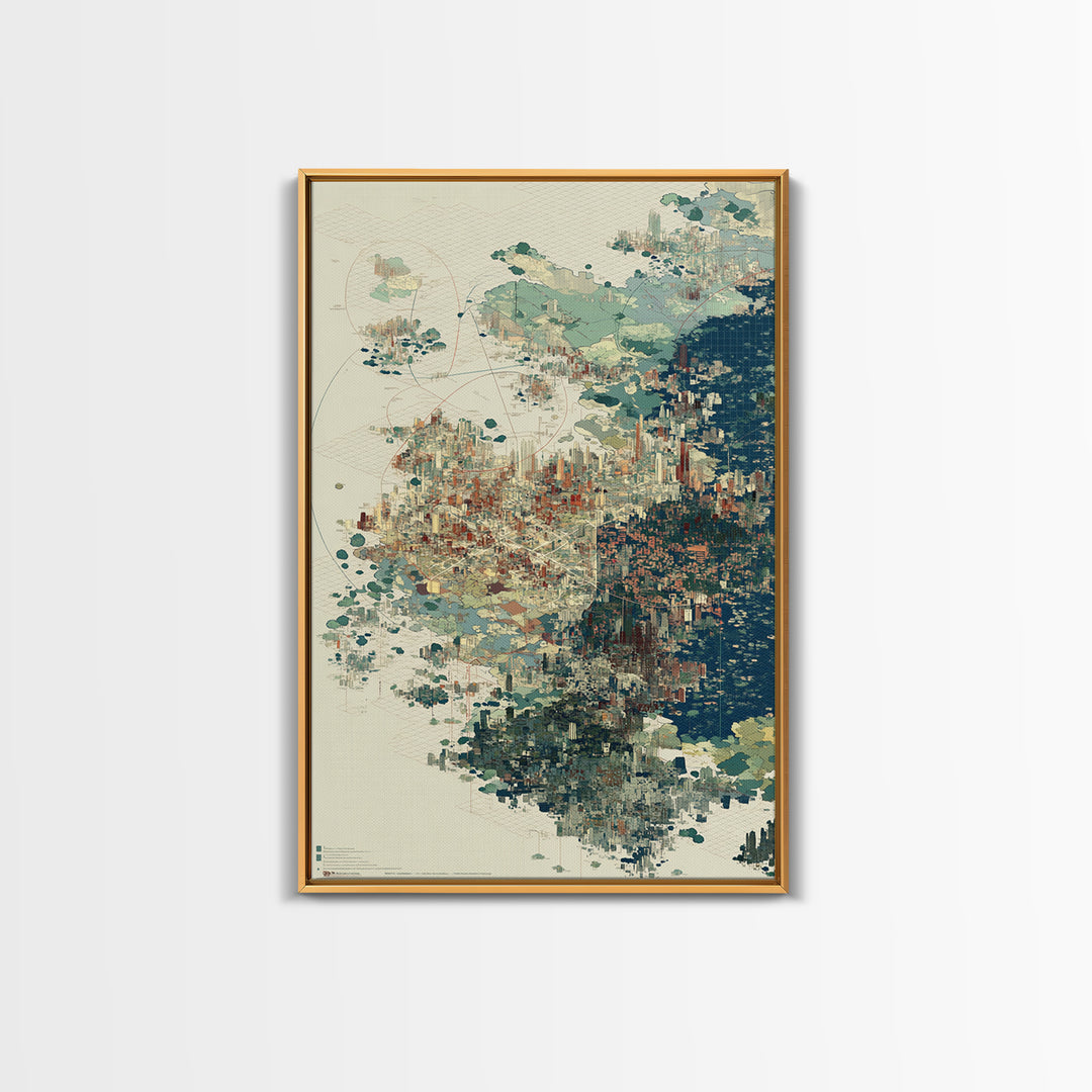 Abstract Coastal City Map In Teal And Indigo Canvas Print, Modern African Inspired Wall Art, Geometric Urban Home Decor Gift