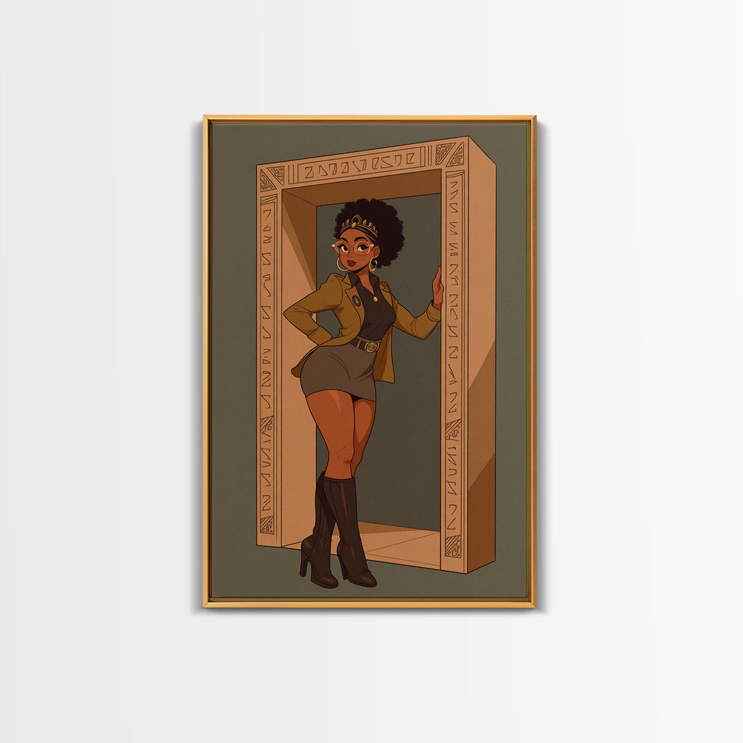 Stylish Black Queen In Carved Doorway Canvas Print, African American Comic Wall Art, Empowered Woman Fashion Home Decor Gift