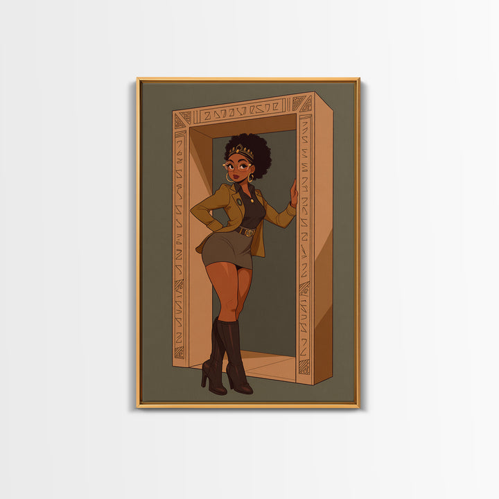 Stylish Black Queen In Carved Doorway Canvas Print, African American Comic Wall Art, Empowered Woman Fashion Home Decor Gift