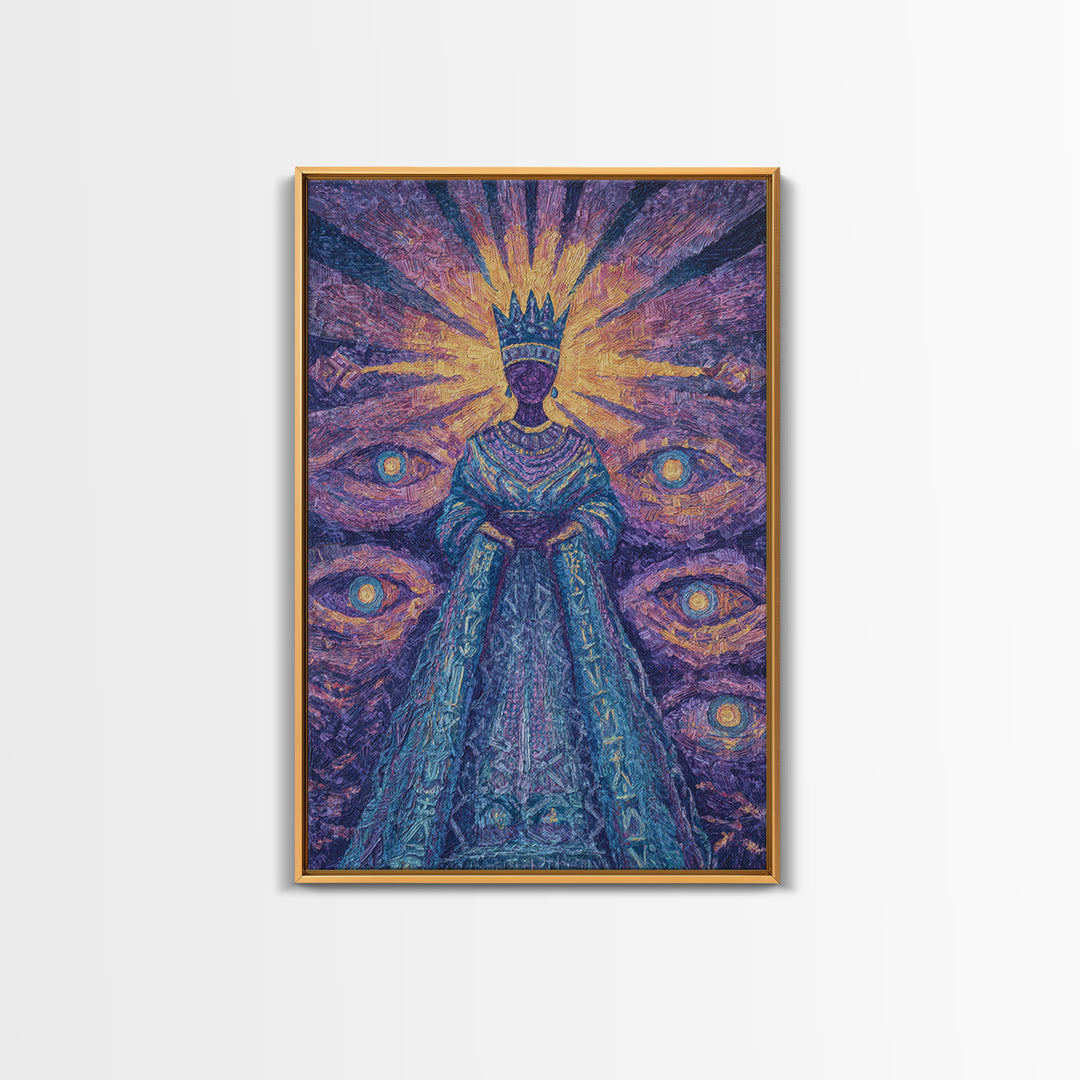 Mystical African Queen With Radiant Eyes Framed Canvas Print, Afrocentric Wall Art, Black Goddess Portrait, Spiritual Decor