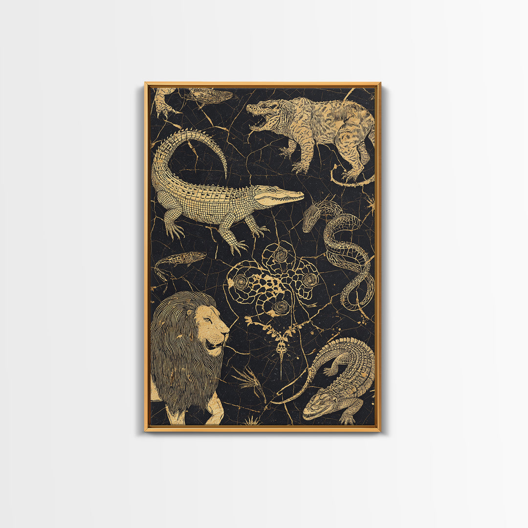 Gold Engraved Safari Animals Wall Art, African Animal Art, Tribal Wildlife Decor, Lion Crocodile Snake Canvas Print Style