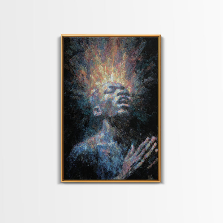 Praying Black Man With Radiant Spirit Framed Canvas Print, African American Art, Afrocentric Wall Decor, Meditation Gift
