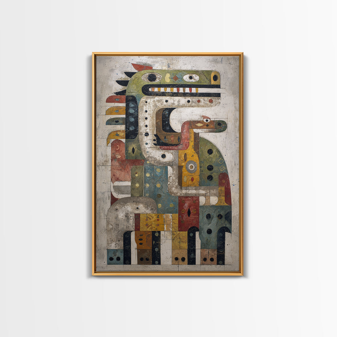 Geometric Tribal Bird Creature Canvas Print, Abstract African Art, Ethnic Wall Decor, Modern Cubism For Boho Home Decor Gift