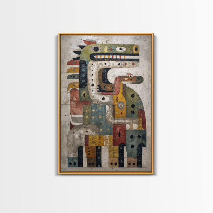 Geometric Tribal Bird Creature Canvas Print, Abstract African Art, Ethnic Wall Decor, Modern Cubism For Boho Home Decor Gift