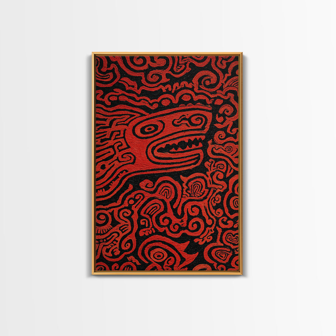 Red Tribal Lizard Pattern Wall Art, African Abstract Textile Art, Bold Ethnic Decor, Modern Black And Red Canvas Design Gift