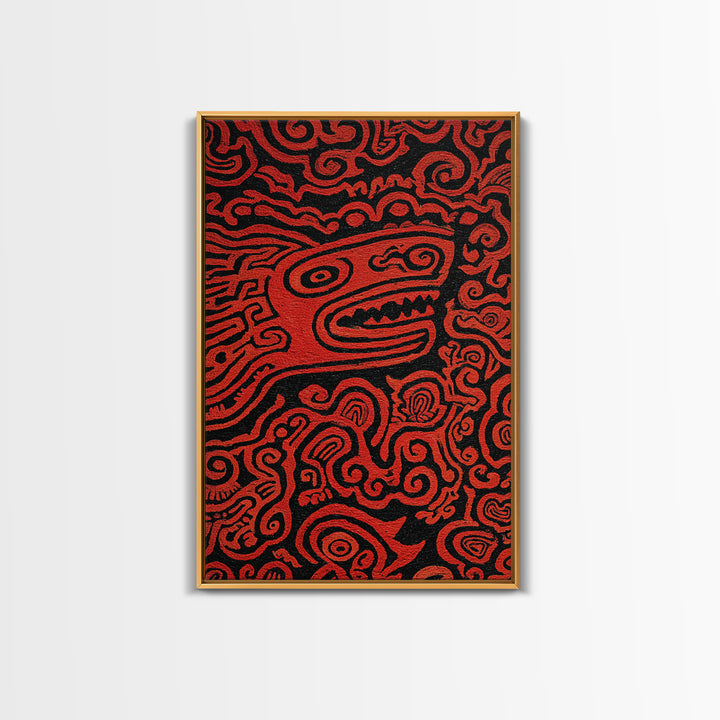 Red Tribal Lizard Pattern Wall Art, African Abstract Textile Art, Bold Ethnic Decor, Modern Black And Red Canvas Design Gift