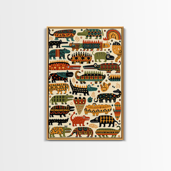 Whimsical Crocodile Pattern Canvas Print, Colorful African Animal Art, Kids Room Wall Decor, Tribal Safari Nursery Art Gift