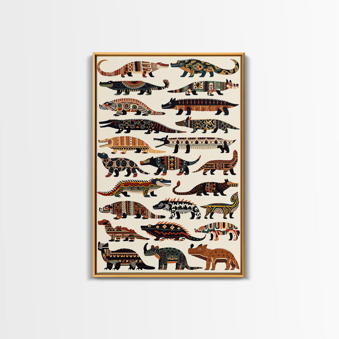Tribal Crocodile Collection Canvas Print, African Animal Art, Patterned Safari Wall Decor, Boho Kids Room Decor Gift For Him