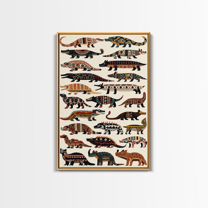 Tribal Crocodile Collection Canvas Print, African Animal Art, Patterned Safari Wall Decor, Boho Kids Room Decor Gift For Him