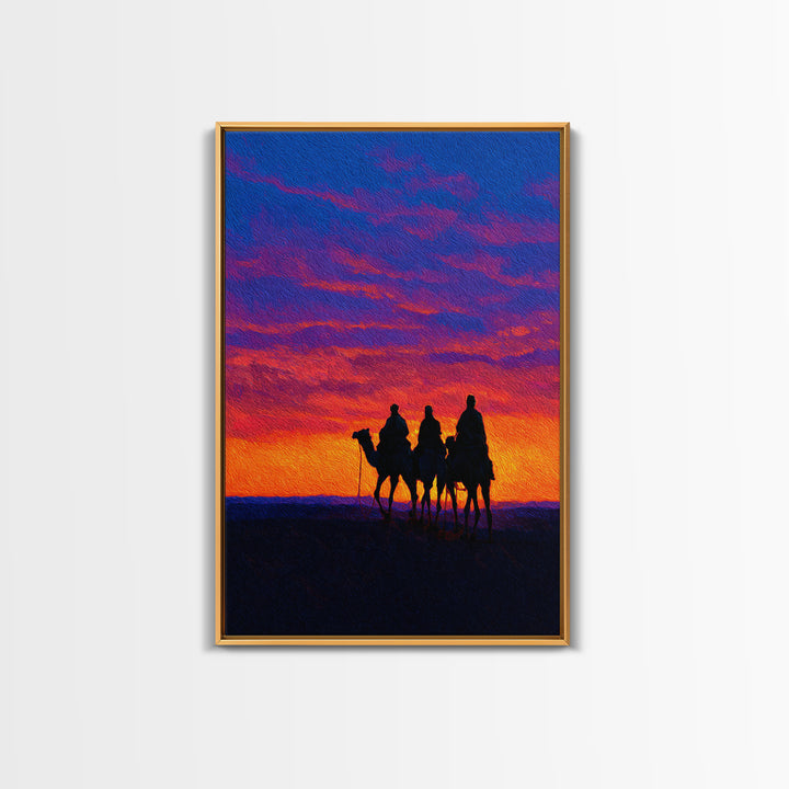 Camel Caravan At Sunset Wall Art, African Landscape Print, Desert Travel Decor, Boho Safari Canvas For Living Room Art Gift