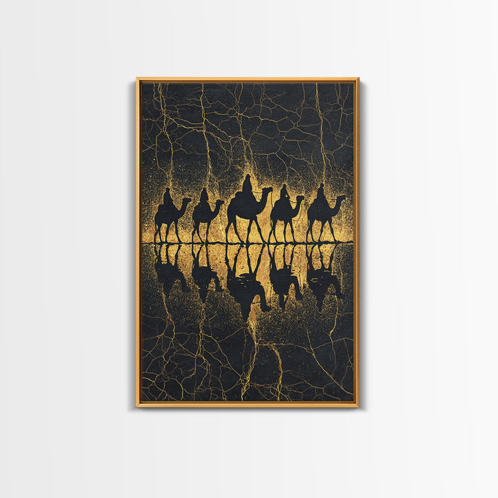 Gold Camel Caravan Reflection Wall Art, African Safari Art Print, Black Gold Desert Decor, Luxury Canvas For Living Room